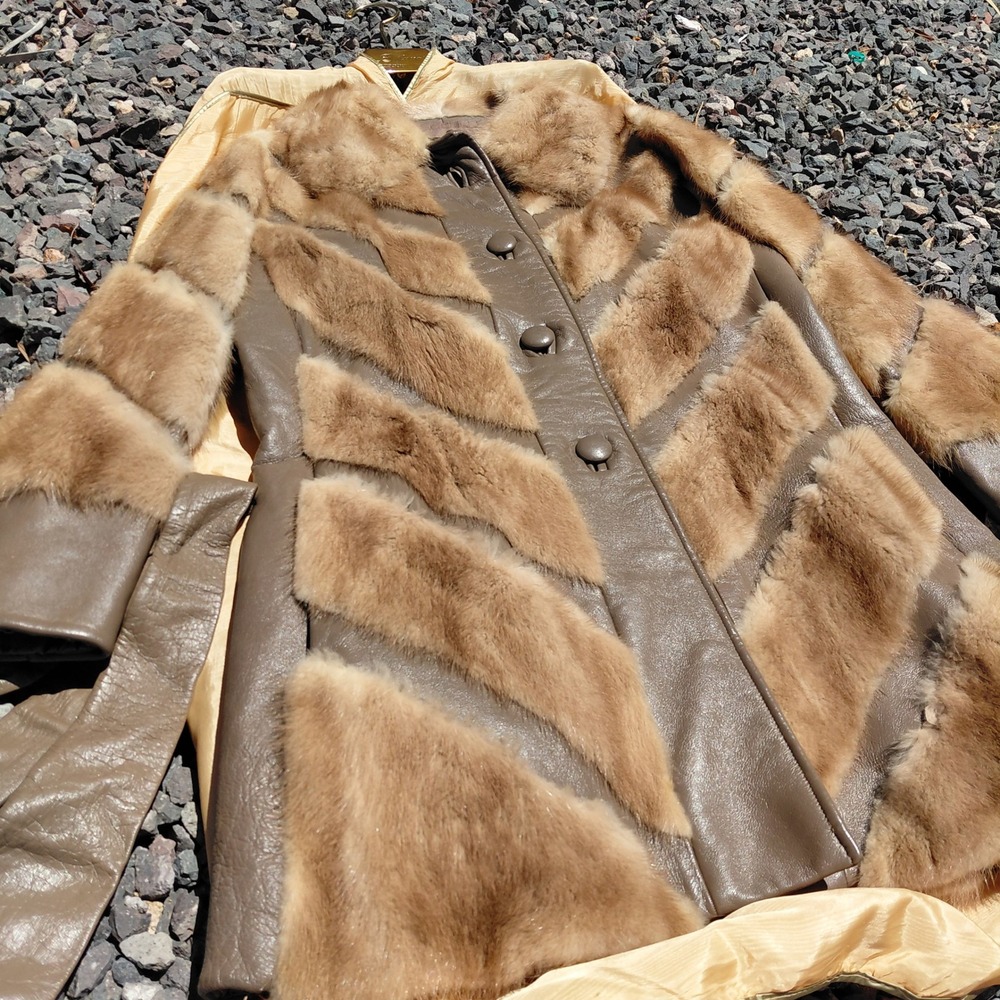 Vtg Bifanos Dallas Leather Fur Chevron Belted Coat Brown Womens M Penny Lane Lux